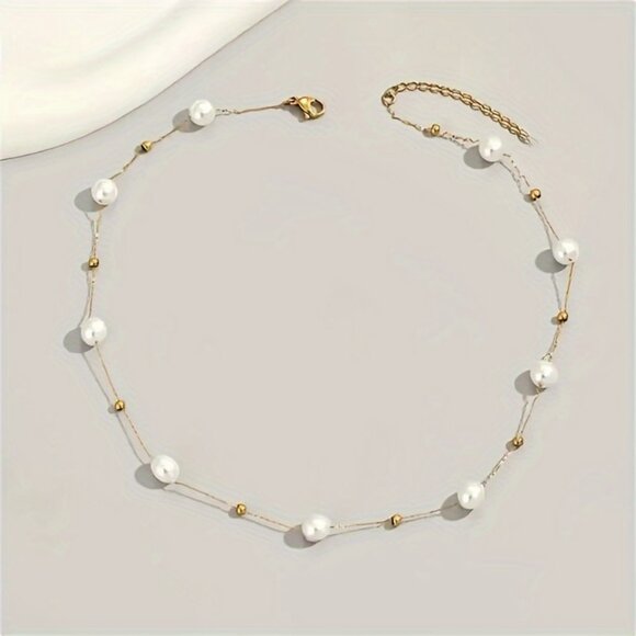 3/$35 Sheer Line Chain Faux Pearl & Gold Bead Floating Choker Necklace Jewelry - Picture 6 of 7